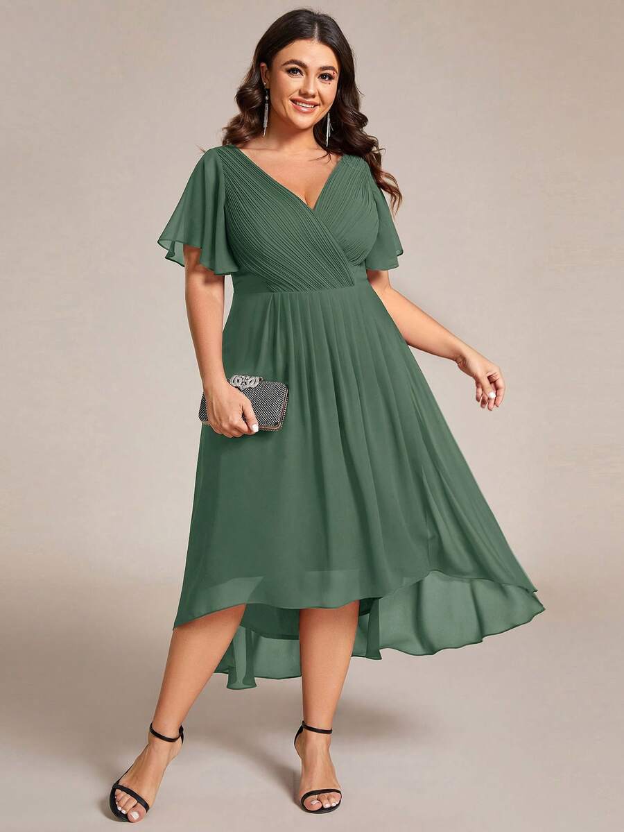 Đầm dự tiệc cưới dáng chữ A tay bồng cổ chữ V đôi tay bồng dài ngang gối bằng chiffon dành cho nữ cỡ lớn, màu xanh lá cây.