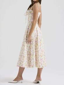 Women Floral Print Square Neck Midi Dress Adjustable Lace-Up Bust Strappy Shoulders Side Zipper Casual Dress - 杏色花香 - 查看 5