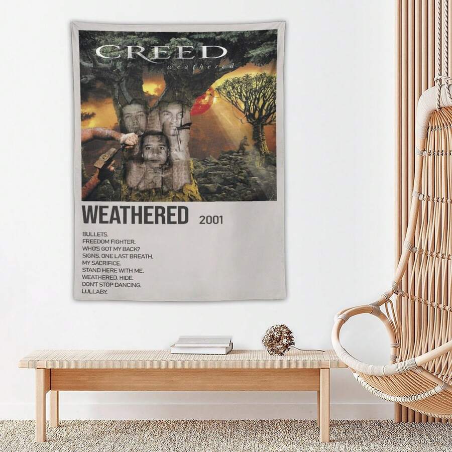 1 pieza Tapiz minimalista con portada de álbum de la banda de rock Creed, se puede personalizar con tu nombre o imagen, decoración colgante para el dormitorio, un buen regalo para novio/novia, Navidad, ideal para sala de estar, dormitorio, decoración del hogar, bandera de habitación, tapiz de habitación - Multicolor - Ver 1