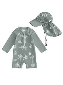Kid Boy Rash Guard Swimsuit Coconut Tree Print Long Sleeve Mock Neck Zip Bathing Suit With Hat 2 Pcs Set - Army Green - View 2