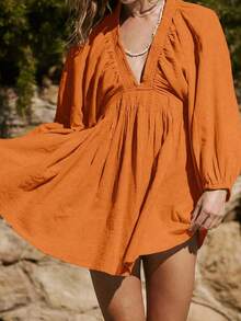 Elegant Fashion Sexy Deep V-Neck Puff Sleeve Casual Mini Dress, Vacation Boho & Tropical Sundress For Women, Spring/Summer - Orange - View 8