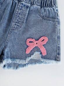 1pc Girls Golden Embroidered Cute Bow Ripped Denim Shorts, Fashion Streetwear Versatile