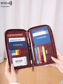 新款RFID屏蔽拉链钱包护照夹文件收纳包，多功能大容量钱包，时尚旅行收纳包，适合出国飞机旅行 - 酒紅色 - 查看 4