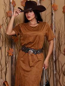 ANA CASTELA COUNTRY SUEDE RODEIO FRINGE DRESS P TO GG - Rust Brown - View 5