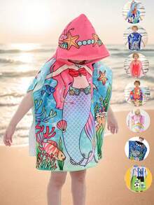 1件装可爱美人鱼和恐龙印花带帽沙滩巾，可作沙滩披肩、沙滩毯等。