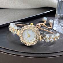 1 pièce Montre femme au boîtier en alliage orné de strass tréfle, avec chaîne double perle réglable, cadran avec chiffres arabes, quartz, style pastoral