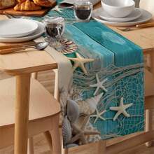 1pc Nautical Starfish Table Runner, Ocean Theme Non-Slip Woven Polyester, Rectangular Home Decor, Beach Style Faux Linen Table Runner