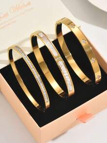 1 件不锈钢手镯，简约时尚，适合各种场合 - 金黃色 - 查看 11