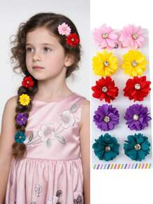 10pcs Girls Colorful Rhinestone Cute Flower Hair Clips, Barrettes, Hairpins For Everyday Use