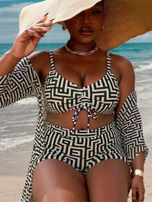 Slaydiva Conjunto de bikini de talla grande de 3 piezas con estampado geométrico all over para playa de verano