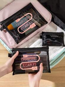 玫瑰金网格化妆包带数据线图案，红色气垫收纳便携式收纳包，化妆包，护肤包，旅行必需品，宿舍用品，婚礼新娘礼物，母亲礼物，生日礼物，送给朋友和老师的礼物，浴室收纳，珠宝收纳，唇油和化妆品收纳包 - 彩色 - 查看 9