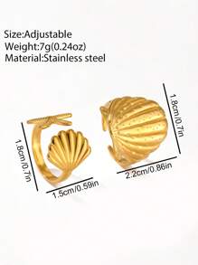 2 piezas Anillos de acero inoxidable con diseño de estrella de mar y concha para mujeres, elegante joyería estilo bohemio para viajes y playa
