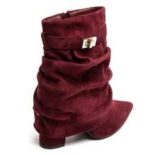 Women's Solid Color Pointed Toe Zipper Mid-Calf Boots With Buckle - Burgundy - View 6