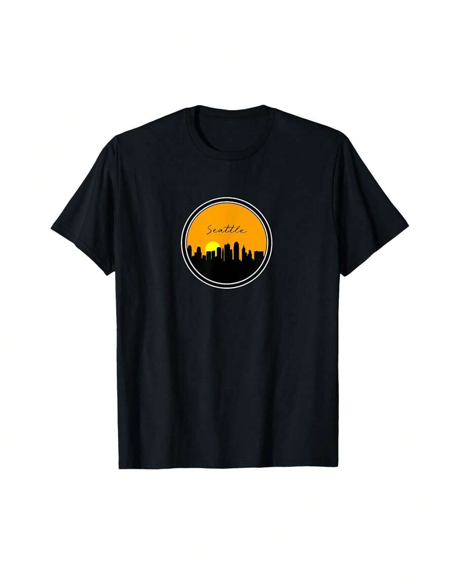 Seattle Washington City Sunset Skyline View Mens Womens Gift T-Shirt Gift For Son Birthday Gift For Teenage Boy,Black T-Shirt, 100% Cotton, Men's T-Shirt,,Funny Graphic T Shirts,S-XXXL,Vintage Shirt - Black - View 1