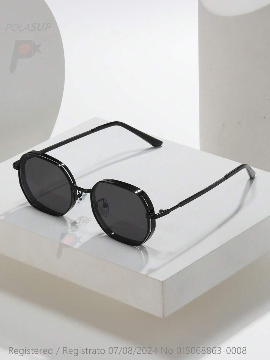 015068863-0009-SX2358 1 件夏季男/女金属几何多面时尚眼镜，时尚街头风格时尚眼镜，黑色/金色/银色/棕色，全年佩戴，厚镜框和通风孔，随机附赠 PU 或纸质眼镜盒 - 黑色 - 查看 1