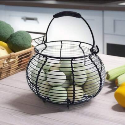 1 pieza Cesta vintage para recoger huevos, cesta de mano de utilidad de cocina, cesta de almacenamiento tejida de alambre redondo, cesta de arte de hierro de cocina, puede contener hasta 30 huevos, adecuada para granja, almacenamiento en la encimera de la cocina rústica