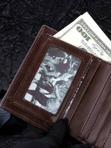 1 件高品质新款复古男士钱包短款时尚钱包朋克十字设计男士双折拉链钱包休闲钱包链条零钱包卡包男士钱包迷你钱包钱包男士钱包皮革小钱包 - 咖啡 - 查看 10