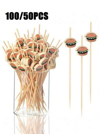 100/50 支开胃菜牙签、汉堡图案竹牙签、汉堡鸡尾酒签、鸡尾酒签棒、开胃菜花式牙签、竹鸡尾酒签、4.7 英寸竹鸡尾酒签、烤肉串水果签、早餐三明治汉堡水果和派对活动花式牙签、汉堡、水果、早餐三明治、派对和活动、木炭配件、长竹牙签、毕业装饰 2025