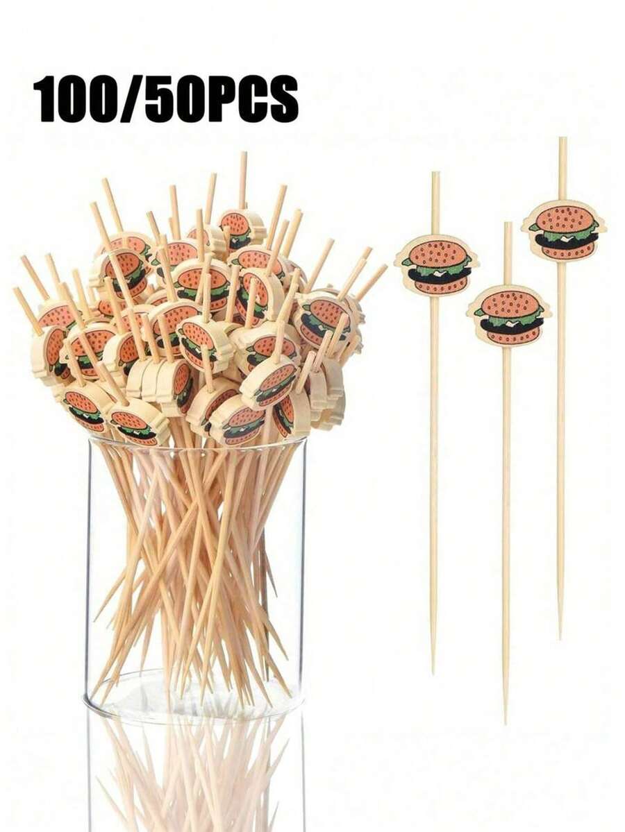 100/50 支开胃菜牙签、汉堡图案竹牙签、汉堡鸡尾酒签、鸡尾酒签棒、开胃菜花式牙签、竹鸡尾酒签、4.7 英寸竹鸡尾酒签、烤肉串水果签、早餐三明治汉堡水果和派对活动花式牙签、汉堡、水果、早餐三明治、派对和活动、木炭配件、长竹牙签、毕业装饰 2025