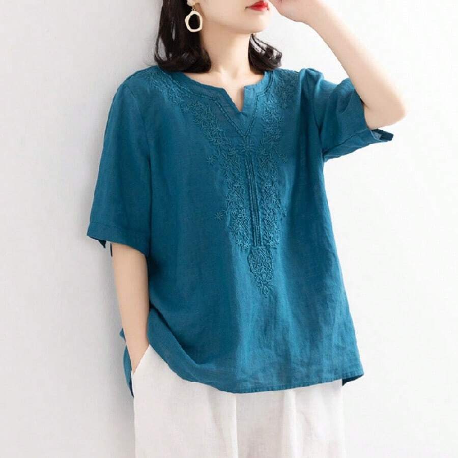 Women Summer Loose Cotton Linen T-Shirt Casual Vintage Embroidery V Neck Plus Size Short Sleeve Basic Tops - 藍色 - 查看 1