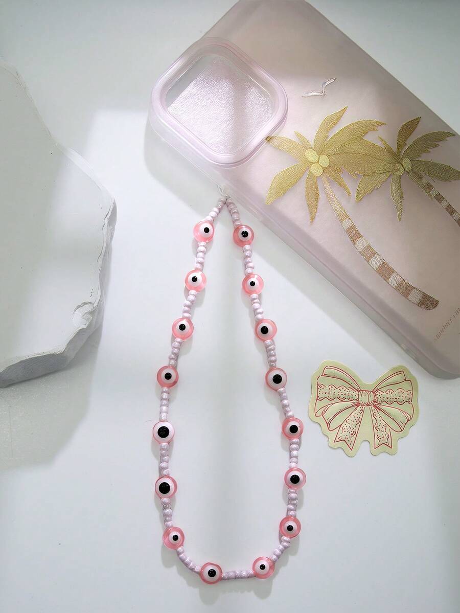 1 件粉色恶魔眼玻璃串珠手机挂绳，手机壳配件链 - 彩色 - 查看 1