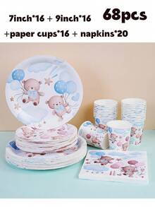 68/10/Set, Blue And Pink Teddy Bear Themed Party Supplies, Disposable Party Plates, Party Paper Plates. Includes 7-Inch Plates, 9-Inch Plates, Paper Cups, And Tissue Sets. Suitable For 16 People, Picnic Supplies, Birthday Parties, Camping, Decoration, And Celebration Events. Party Gifts, Bridal Showers, Cartoon Animals, Cute, Blue, Pink, Bear - Multicolor - View 13