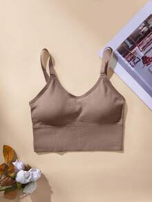 1pc Plus Size Solid Color Sports Bra, Racerback Design, Removable Pads, High Elasticity, Suitable For Yoga, Running - Brown - View 5