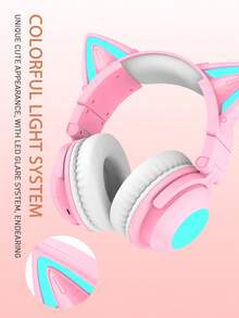 猫咪风格游戏耳机，带彩色 LED 灯，长时间播放，带麦克风，可折叠，深沉低音，HiFi 立体声，适用于平板电脑和手机