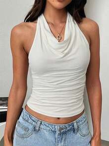 Women Petite Simple Solid White Spaghetti Strap Tie Strap Camisole Top - White - View 10