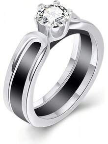 6mm White/Black Ceramic Rings Plus Cubic Zirconia For Women Comfort Fit Engagement Wedding Band Size 5-122025 - Black+Silver - View 1