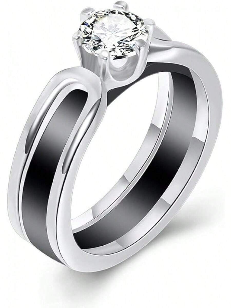 6mm White/Black Ceramic Rings Plus Cubic Zirconia For Women Comfort Fit Engagement Wedding Band Size 5-122025 - Black+Silver - View 1