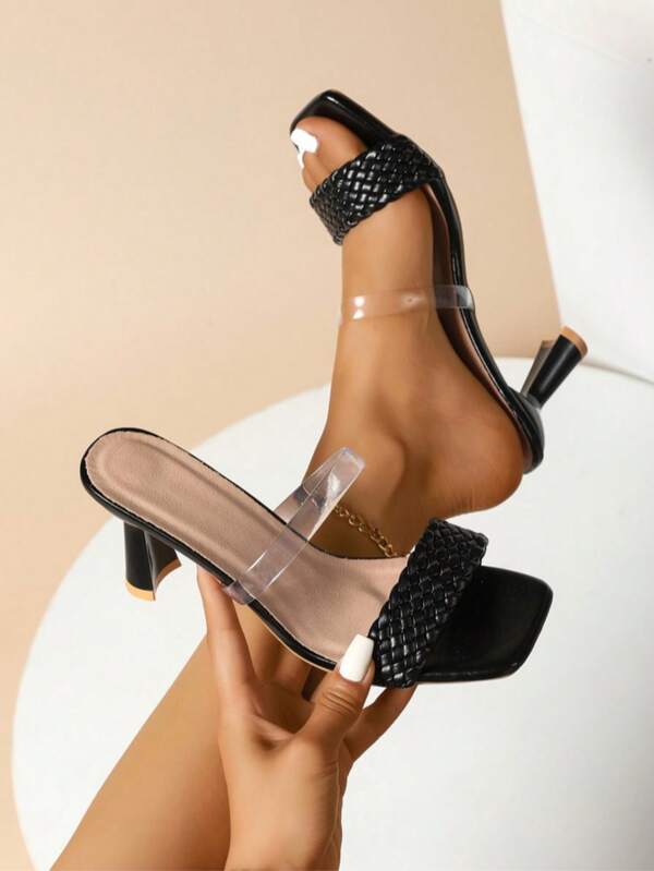 Women's Square Toe Woven Strap High Heel Sandals, Fashion & Versatile