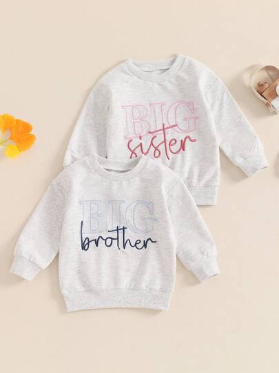 Toddler Girls Boys Sweatshirts Sister Brother Matching Clothes Letter Embroidery Crew Neck Long Sleeve Kids Pullovers Fall Tops