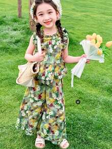 فستان البنت المزهر] مجموعة قطعتين صيف 2025 جديدة، بدلة بنات بدون أكمام بطراز زهري | فستان صيفي كاجول للبنات بتصميم دانتيل عصري للخارج، ملابس أطفال