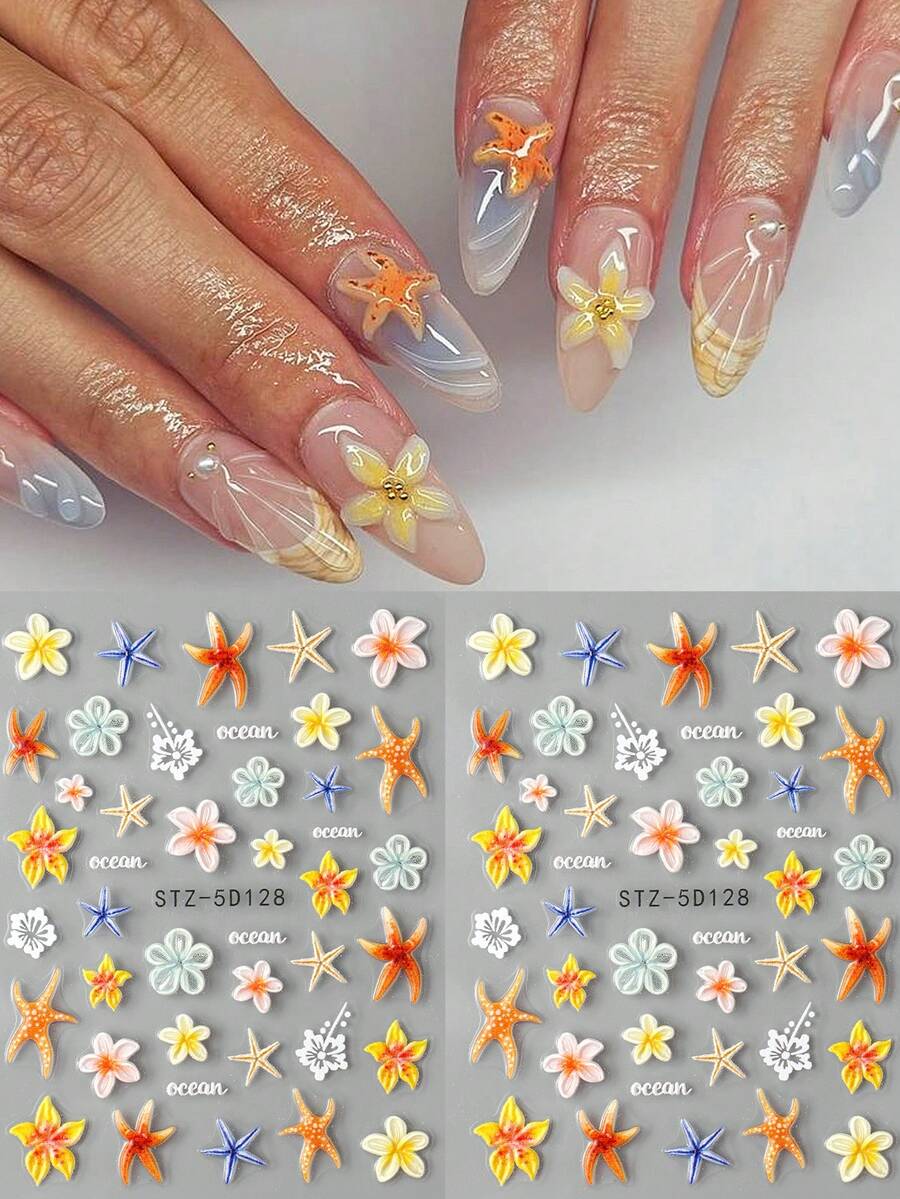 Ocean Life 5D Embossed Nail Art Stickers Decals, 2 Sheets Starfish Seashell Jellyfish Hibiscus Flowers Self Adhesive Nail Decals Summer Sea Theme Nail Supplies For Women Girls DIY Manicure Decor - Multicolor - View 1