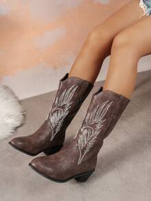 Embroidered Boots Spring & Autumn New Short Boots Chunky Heel Retro Boots Over-The-Knee Cowboy Boots, In Brown,Western Boots - Mocha Brown - View 3