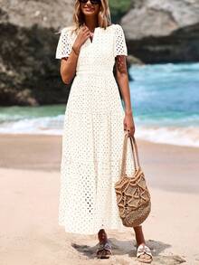Women's Spring And Summer Maxi Dress Short Sleeve V Neck Hollow Out Eyelet A Line Long Flowy Wedding Guest Beach Vacation White Dresses For Women - 白色 - 查看 3