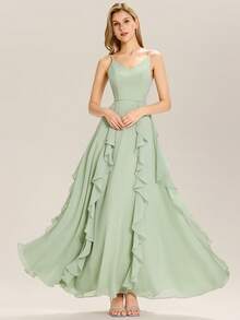 EVERPRETTY Flowy Ruffle V-Neck Sage Green Bridesmaid Dress, Suitable For Weddings, Birthdays, Formal Occasions - Mint Green - View 7
