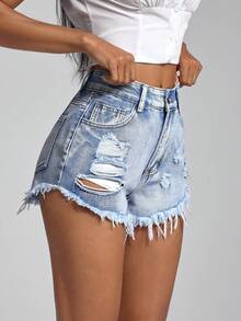 Jeanoix 女士休闲破洞磨边口袋牛仔短裤，百搭 - 淺色水洗藍 - 查看 4