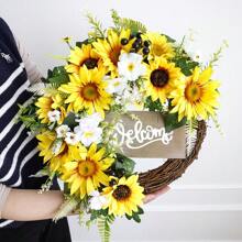 1pc Sunflower Wreath With Welcome Sign, Spring/Summer Entrance Wreath, Suitable For Indoor/Outdoor Wall, Window, Farmhouse Home Decor