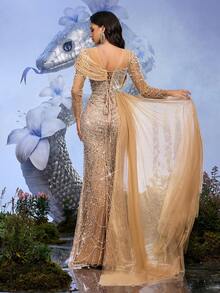 Champagne Sequin Beaded Long Sleeve Fitted Evening Gown, Suitable For Formal Dinners, Galas, Cocktail Parties (Highly Decorative) Wedding Spring Party - Champagne - View 3