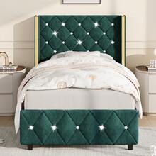 Bed Frame With Wingback Headboard, Upholstered Bed Frame With Diamond Headboard And Footboard, Velvet Modern Bed Frame, Easy Assembly, Purple/ Blue/ Pink/ White/ Black/ Green, Twin/ Full/ Queen/ King - 綠色 - 查看 13