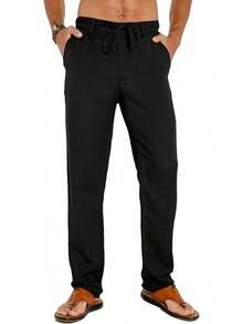 Sailwind Men's Summer Beach Linen Pants Casual Lightweight Elastic Waist Drawstring Loose Pants - Black - View 4