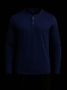 Men's Henley T-Shirt Premium Long Sleeve Slim Fit Cotton With Elastane - 藍色 - 查看 1