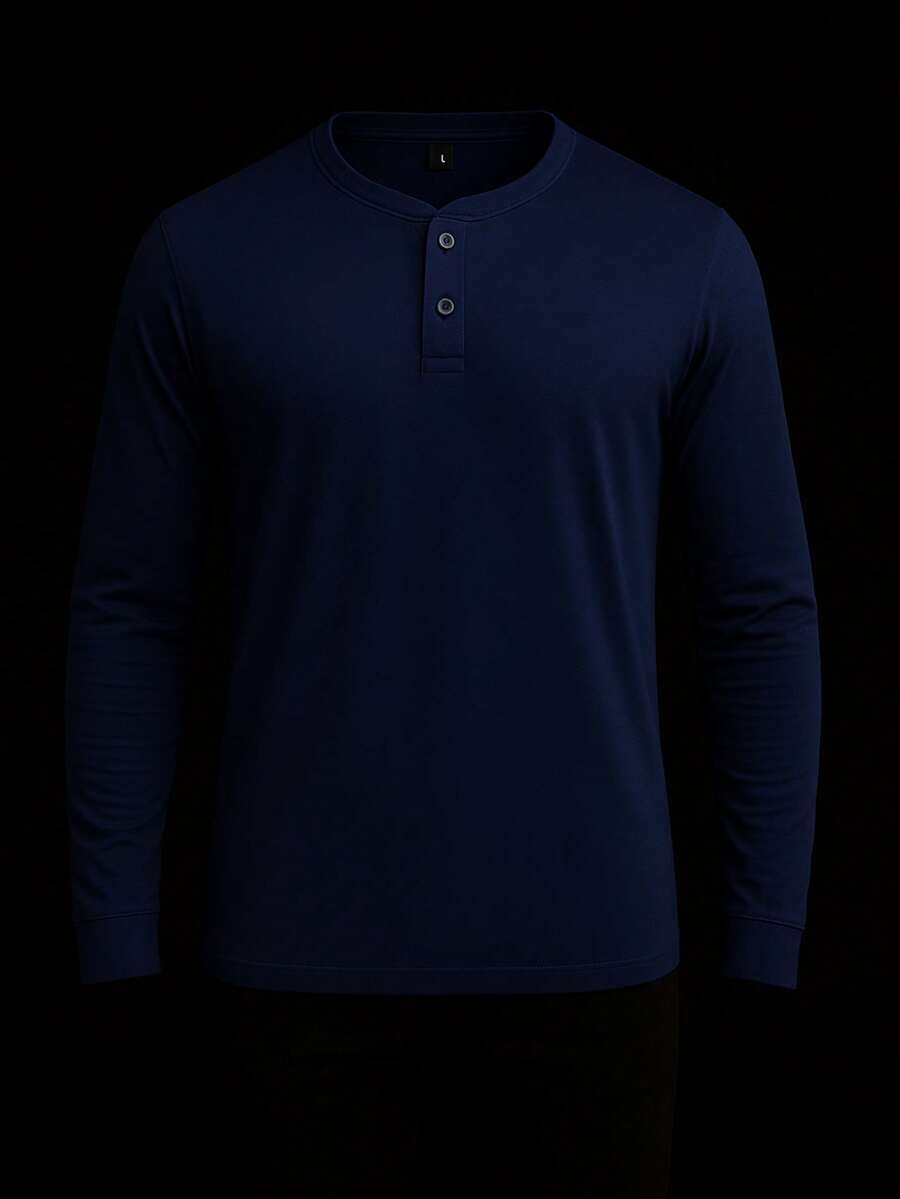 Men's Henley T-Shirt Premium Long Sleeve Slim Fit Cotton With Elastane - 藍色 - 查看 1