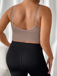 1pc Plus Size Solid Color Sports Bra, Racerback Design, Removable Pads, High Elasticity, Suitable For Yoga, Running - Brown - View 3