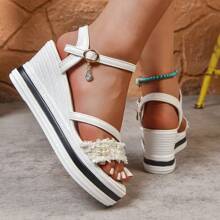 Sandalias con plataforma para mujer, tacón alto de unicolor con adorno de perlas al estilo bohemio, calzado casual para playa y vacaciones de verano