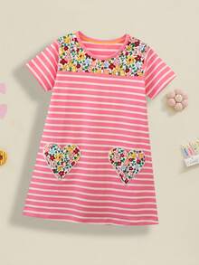 Summer Children's Day Pure Cotton Short-Sleeved Dress For Girls, Easter Casual Outdoor Pink Cartoon Striped Pocket Decal Knitted Dress 2-8Y - Nhiều màu - Xem 1