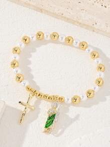 1 pièce Bracelet avec pendentif croix et perles, accessoire favori des clients, motif mode Saint-Jude. Convient pour un port quotidien ou festif, idéal pour une tenue décontractée ou en cadeau. Design minimaliste, plaqué or.