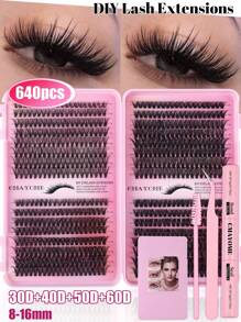 640-Piece Premium Mixed-Style 10D-100D False Eyelash Kit (Includes Adhesive, Tweezers And Brush) - Effortless DIY For Beginners, Achieving A Natural, Voluminous Look - D-Shaped Curl, Reusable - Cat-Eye And Cluster Styles, Lengths 10-18mm
